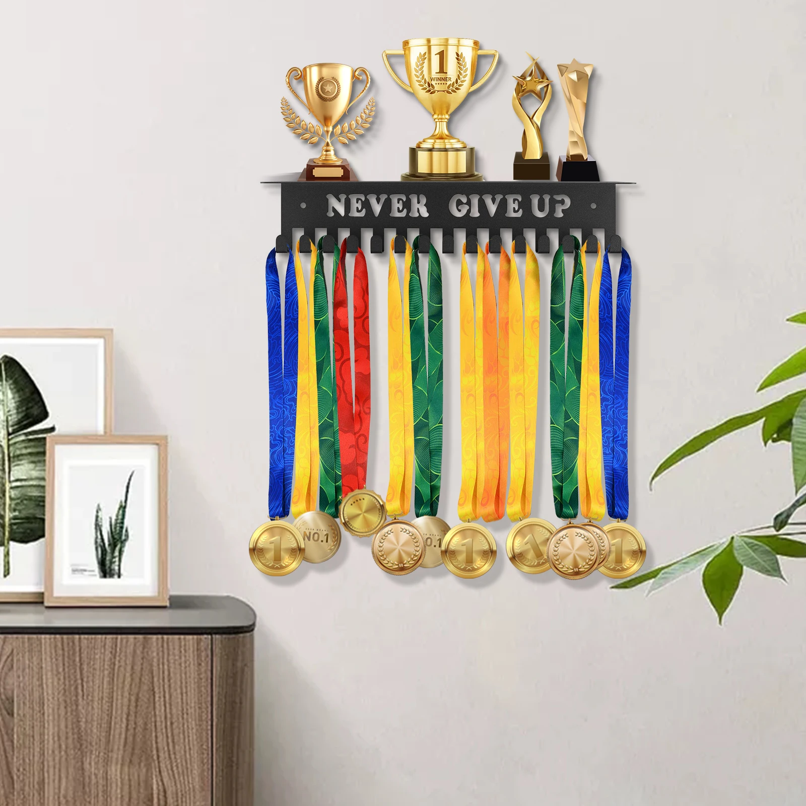 Medal Hanger Display Wall Mount Metal Trophy Rack Easy to Install Medals Display Hanger with Inspirational Words Iron Medal