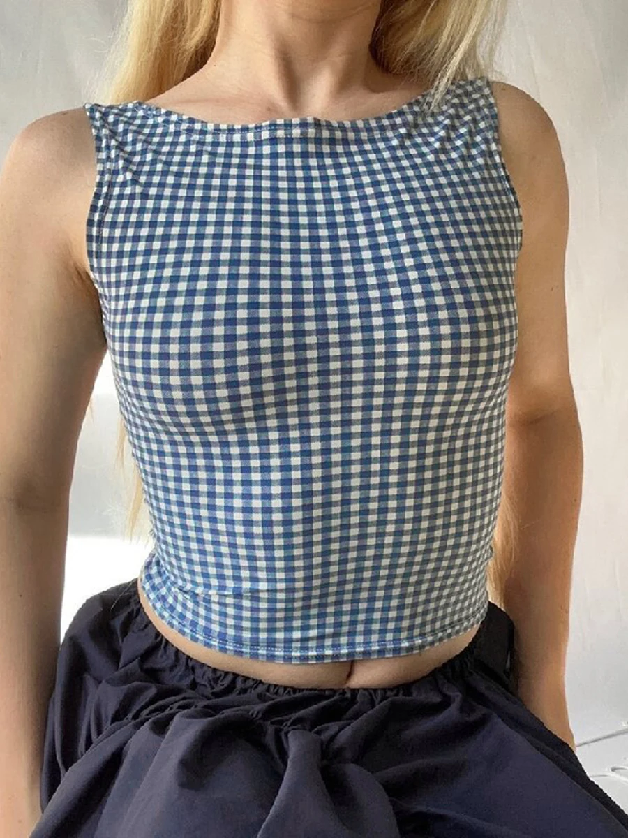 Women Cropped Tank Tops Plaid Print Summer Bow Backless Basic Vest Sleeveless Shirt Aesthetic Clothes for Streetwear