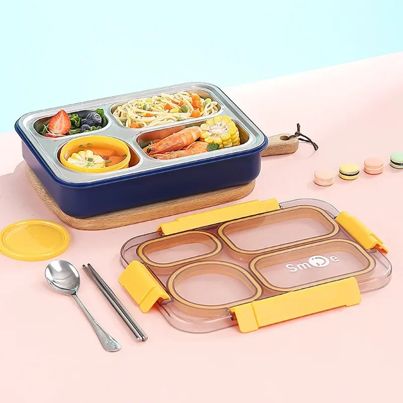 Bento-Lunchbox mit 4 geteilten Edelstahlfächern für Kinder, isolierte Lunchbox für Schule, Büro, Küche, Lebensmittelaufbewahrungsbehälter