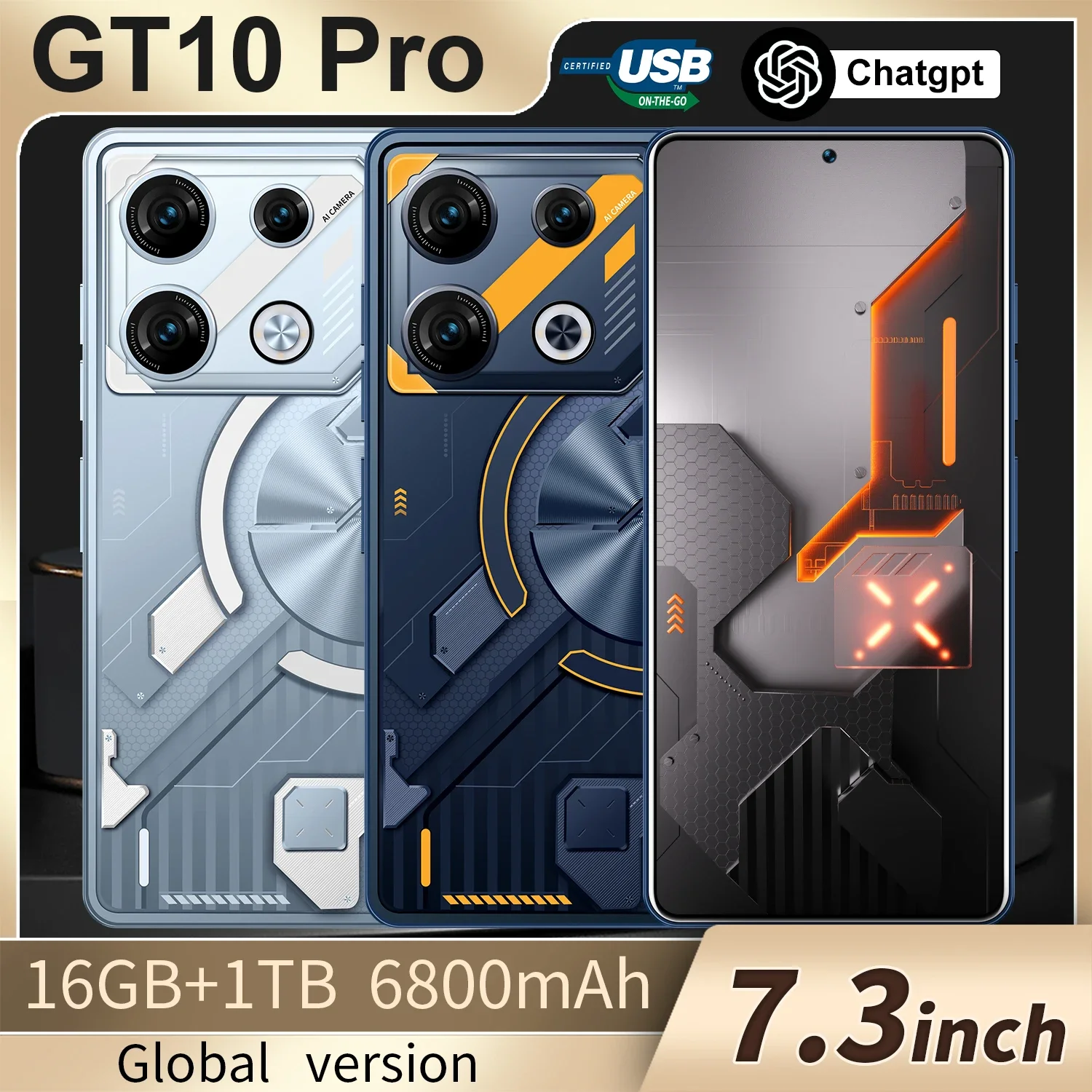 Teléfono Inteligente GT10 Pro Original, Smartphone 4G/5G, 7,3 pulgadas, HD, 16G + 1TB, SIM Dual, 50 + 108MP, 7000mAh, Android 14, desbloqueado, NFC