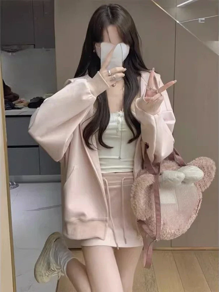 Preppy Style Matching Sets Kangaroo Pocket Zipper Hoodie High Waist Mini Skirts Two Piece Set Sweet Y2k 2024 New Women Clothing