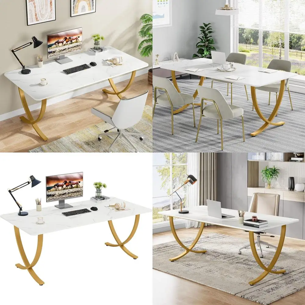 

Большой угловой офисный стол шириной 63 дюйма и глубиной 31,5 дюйма, белый с золотом, идеально подходит для конференц-залов и домашних офисов