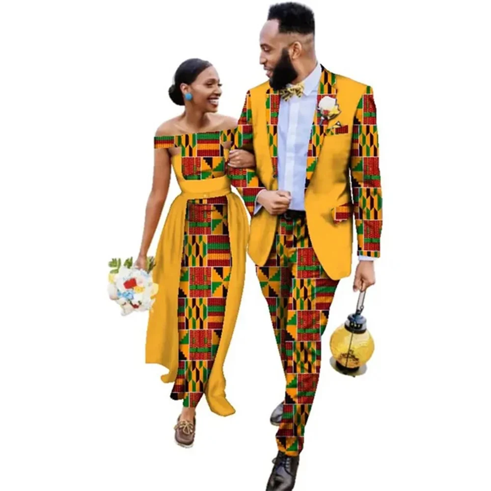 African Wedding Party Clothes for Women Matching African Suits for Men Sets African Outfits Business Dress Suit Gown Evening