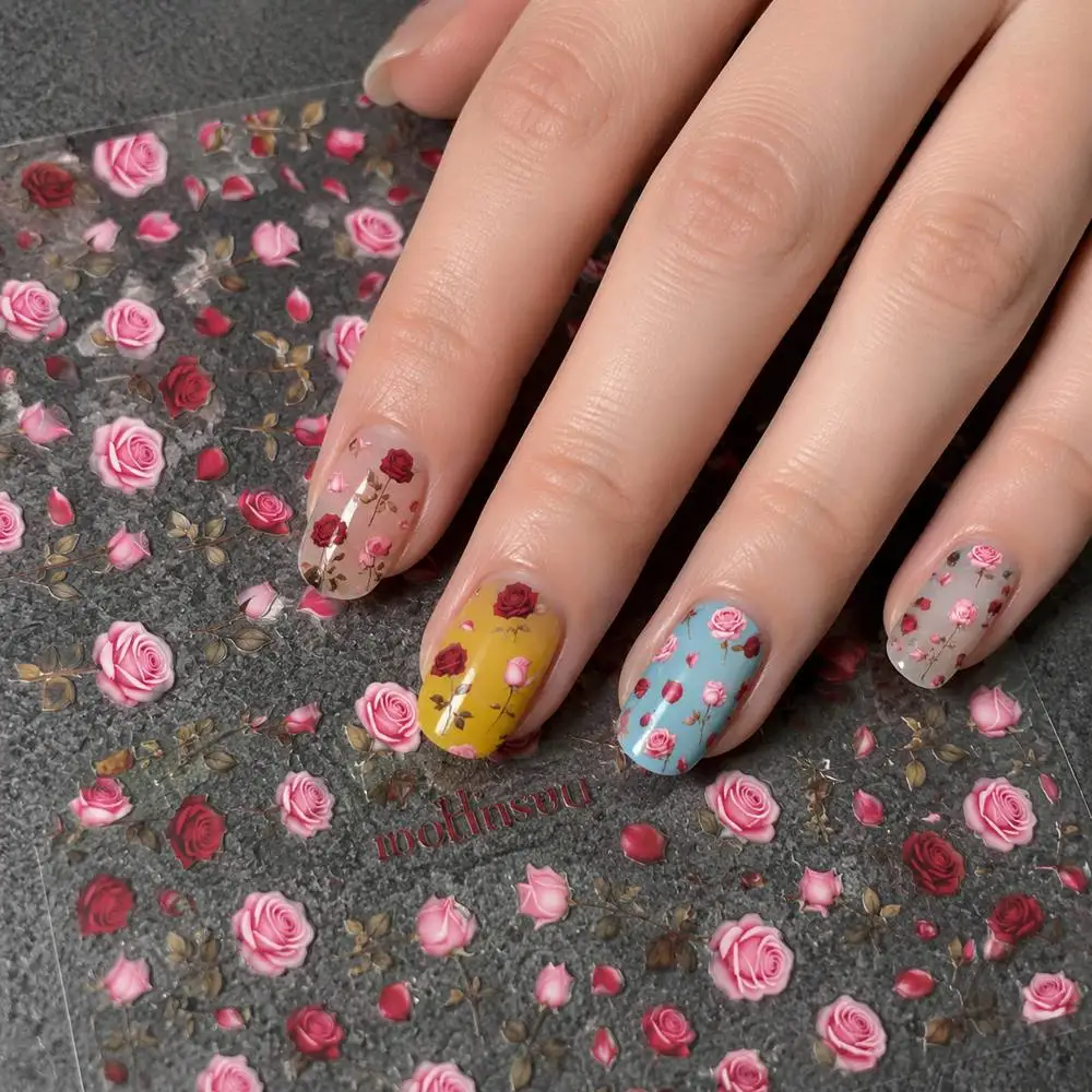 1 feuille d'autocollants pour ongles à texture réaliste motif rose, décalcomanie à dégradé éblouissant, application facile pour un style festif