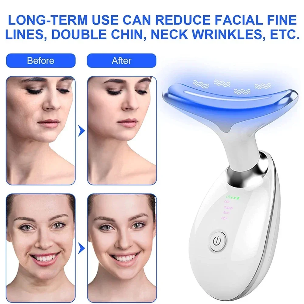 ปรับปรุงสีผิว Anti-Wrinkle Face & Neck Lifting Massager กระชับสัดส่วนแบบพกพาไฟฟ้า LED Microcurrent Vibrating เครื่องนวดคอ