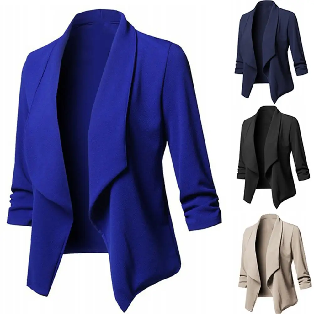 Blazer de manga larga para mujer, Chaqueta de traje corto con solapa frontal abierta, Color sólido, para oficina de negocios