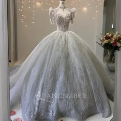 Jancember High Neck Puff Sleeves Short Sleeves Wedding Dresses Backless Lace Up Sequined Wedding Gowns Vestido De Novia XS008