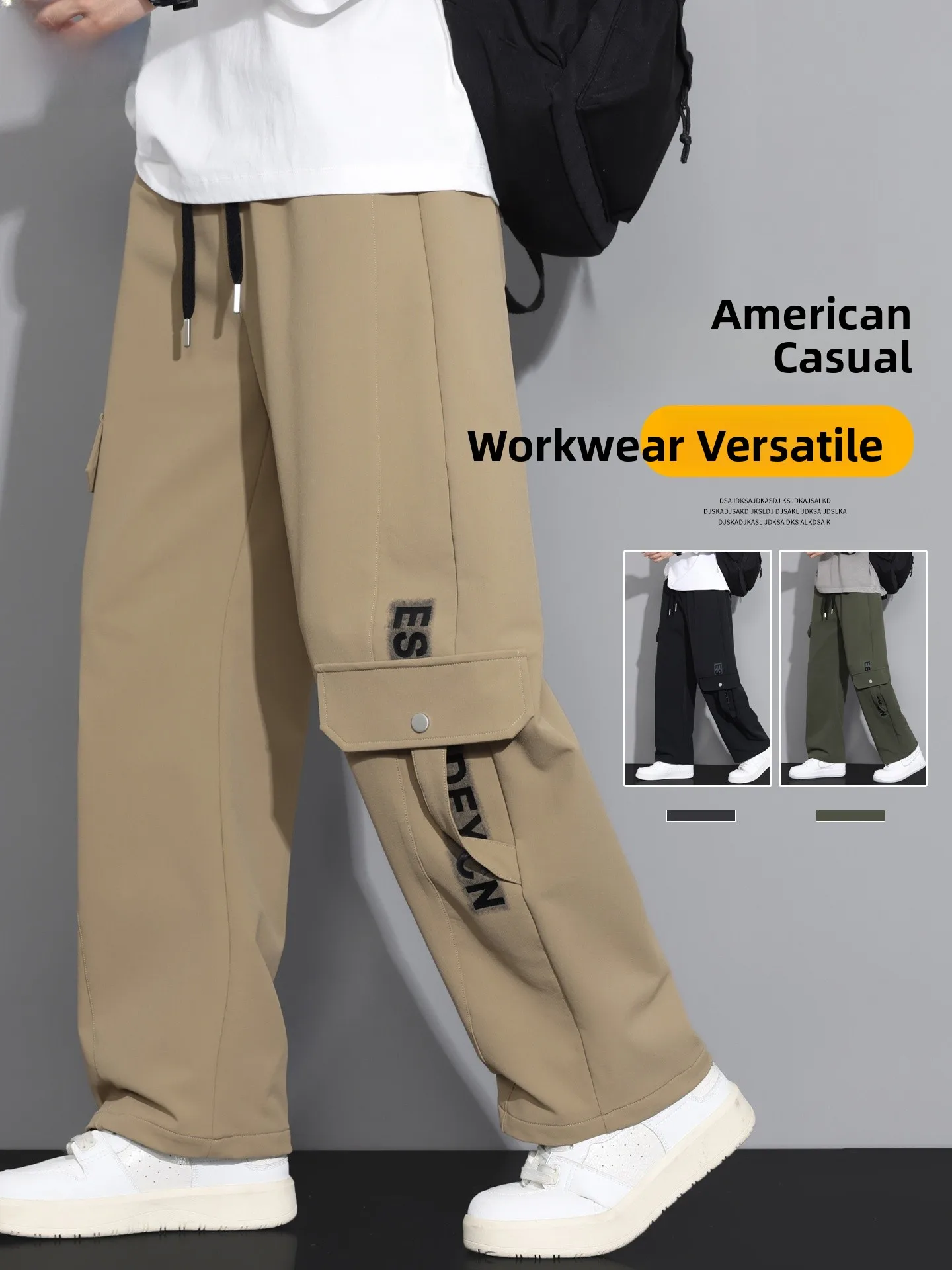 

Khaki Workwear Pants Men's Spring Autumn Loose Straight Leg plus Size Casual Trousers Fashionable Cotton Elastic Fiber