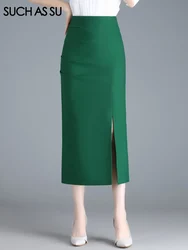 SUCH AS SU New Fashion 2023 Summer Jersey Sexy Skirt Women Black Green Red High Waist Occupation Work Pencil Mid-Long Skirt