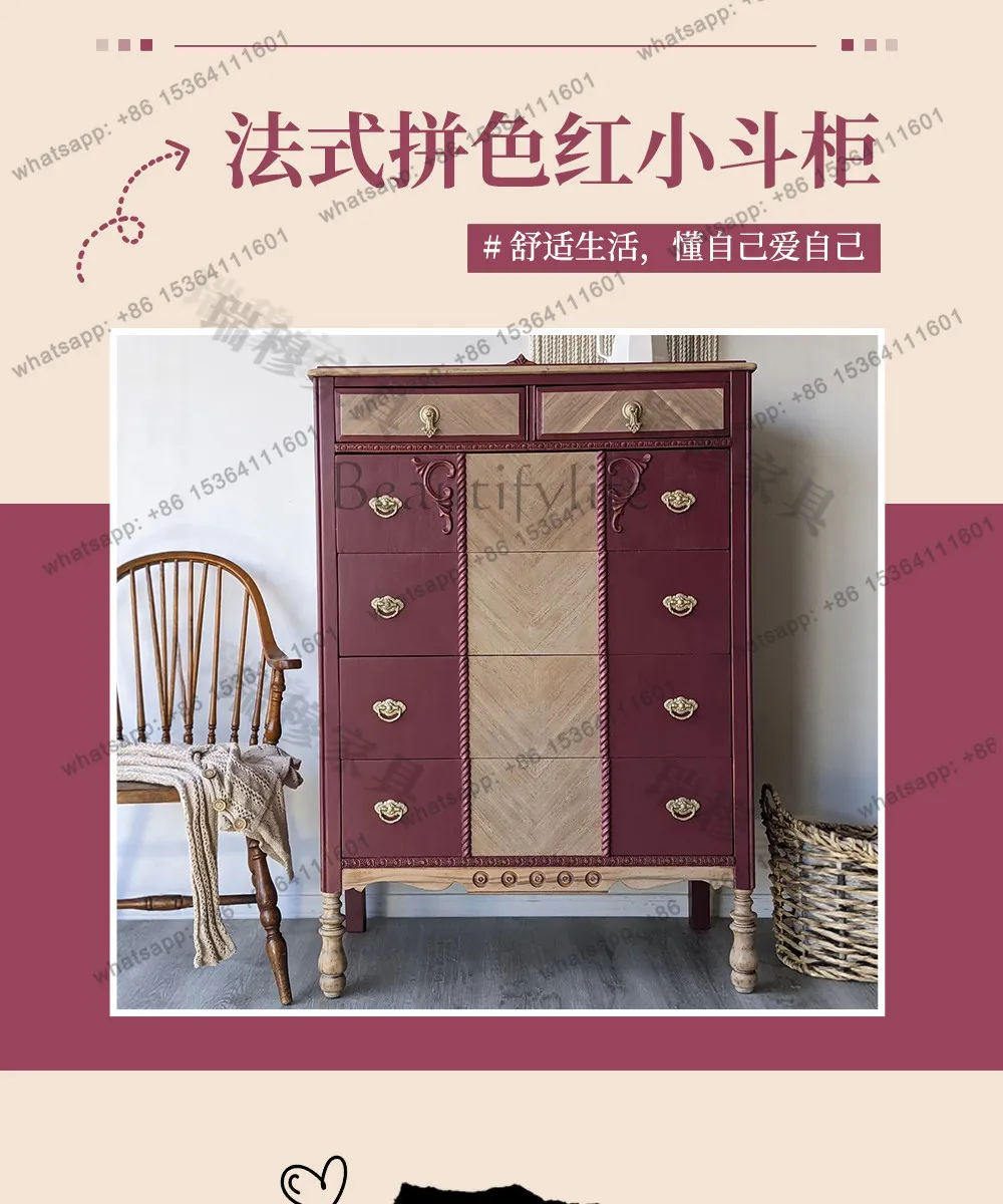 French contrasting solid wood chest, living room decoration storage room, American retro master bedroom high-value locker