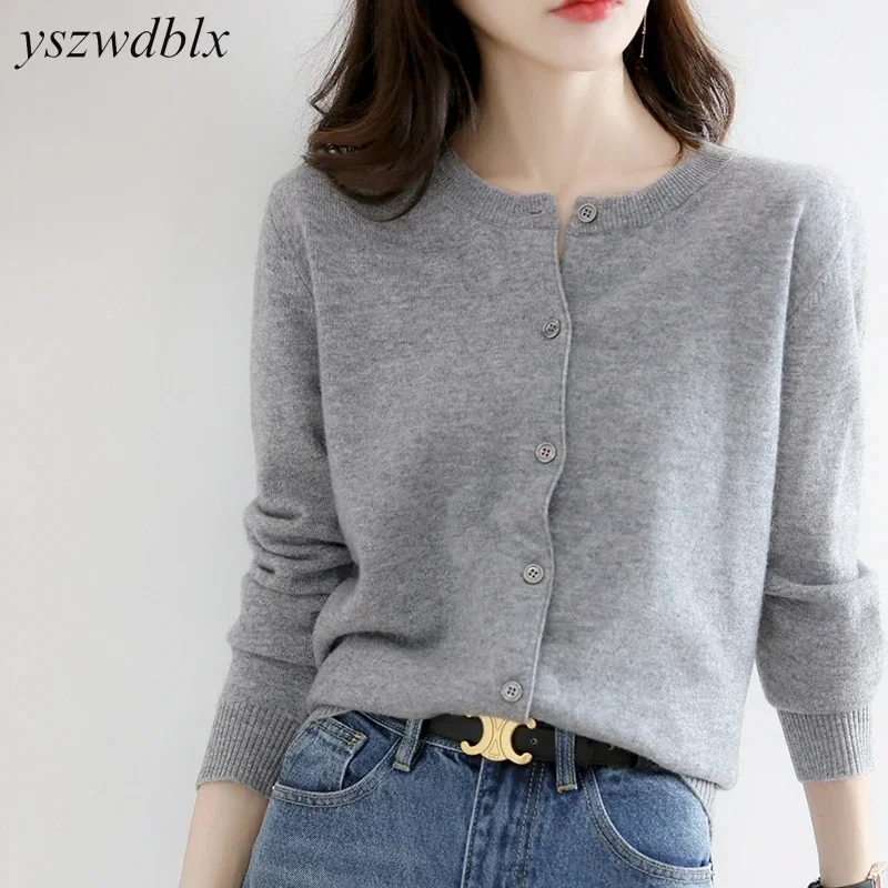 YSZWDBLX Women Cardigans Sweater O-neck Spring Autumn Knitted Cashmere Cardigans Solid Single Breasted Womens Sweaters 2023