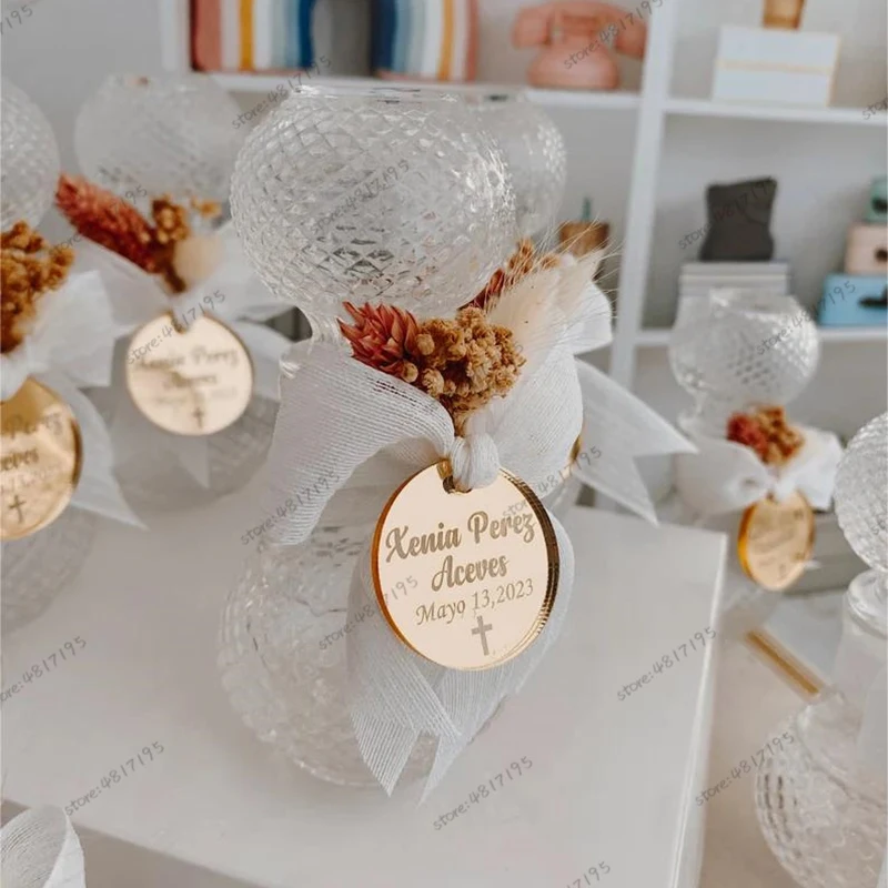 20/50/100 Stück personalisierte goldfarbene runde Acryl-Tags, individuell gravierte Namenslogo-Hochzeitsfeier-Geschenke, Baby-Taufe, DIY-Dekoration