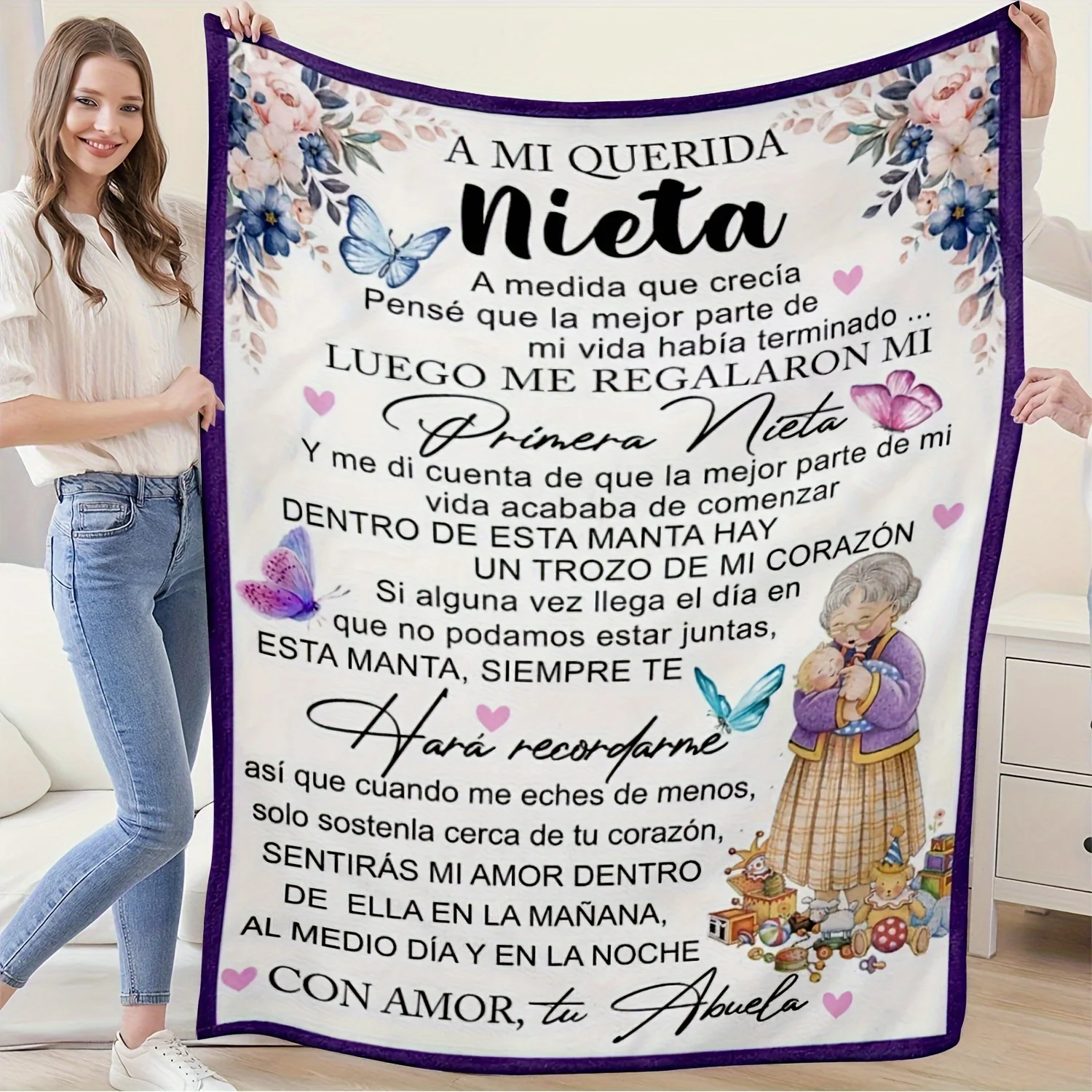 

1pc Enchanting Butterfly & Floral Print Spanish Letter Throw Blanket - Heartfelt Grandma to Granddaughter Gift, Ultra-Soft Flann