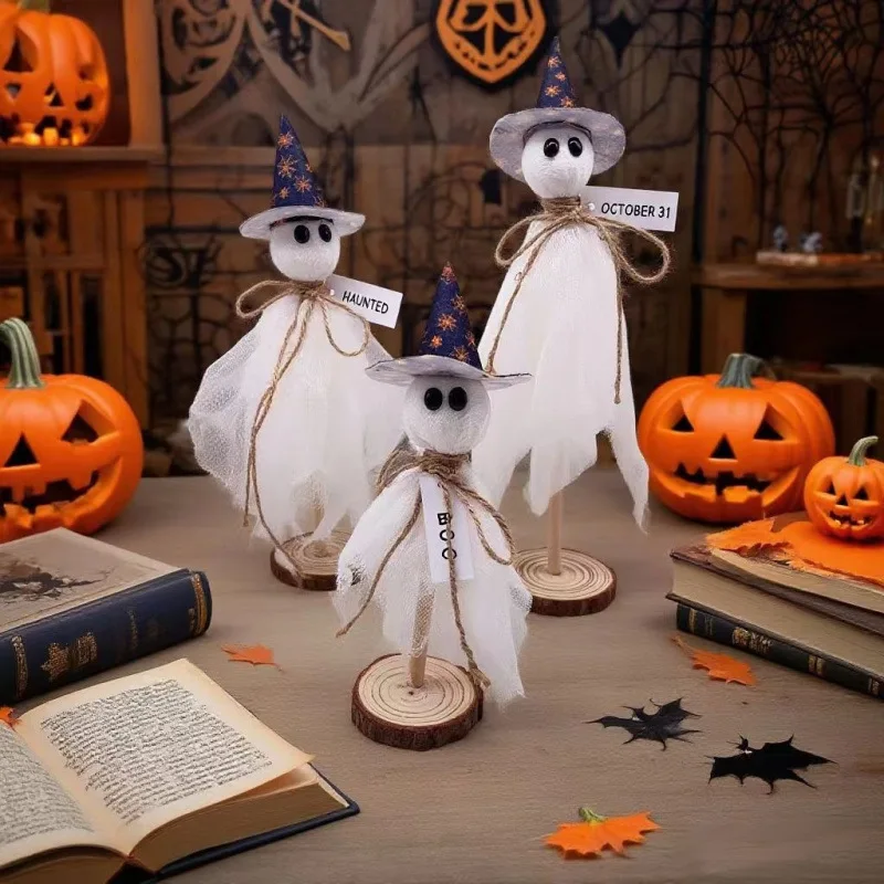 3Pcs Wooden Ghost Halloween Decor Desktop Fireplace Shelf Ornaments Indoor Home Porch Party Supplies