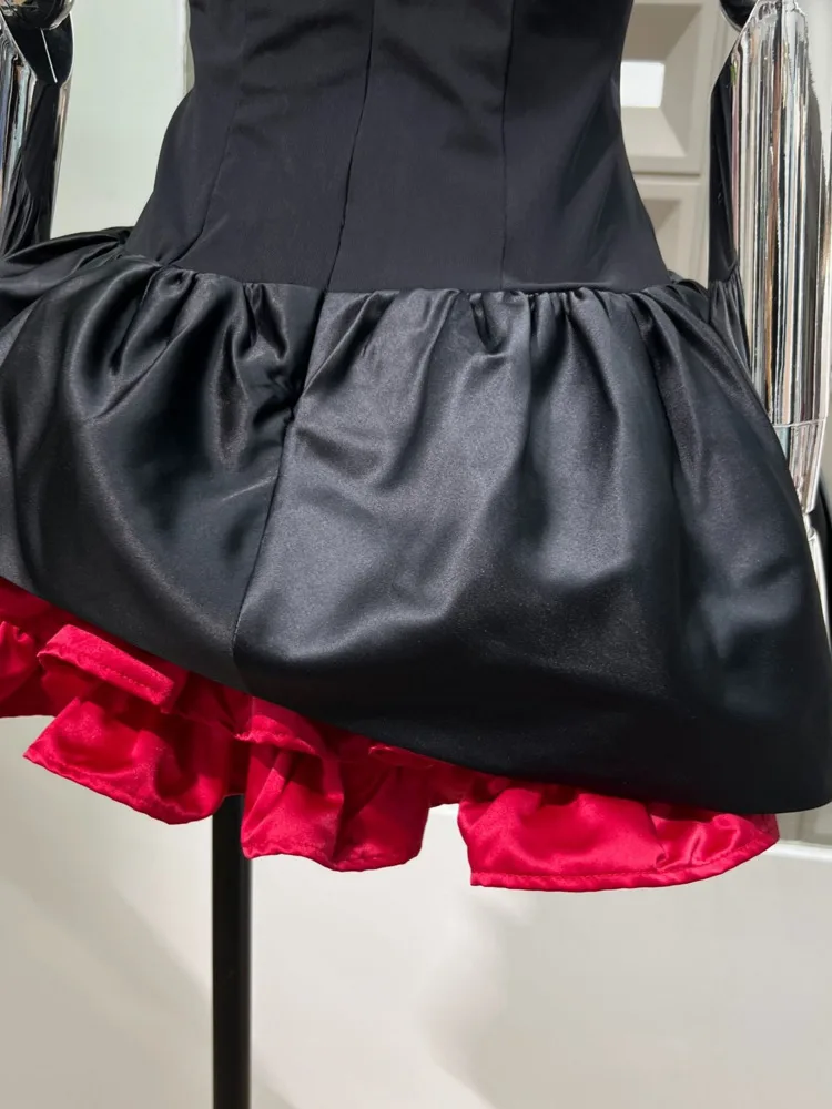 Dfdg 2025 primavera verão semi-tartaruga pescoço contraste painel em camadas vestido com floral irregular usar tecido elástico respirável