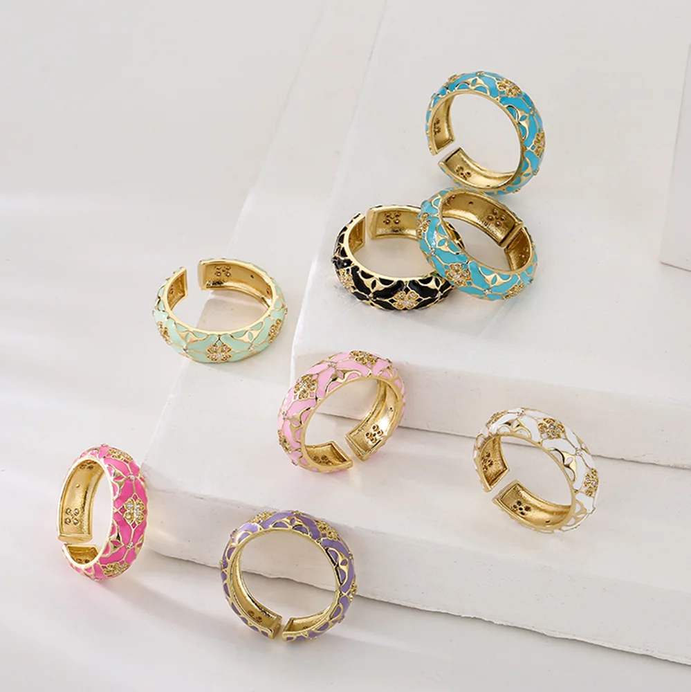 

2025 Stylish new copper-plated 18K gold zircon dripping oil bohemian vintage geometric open ring gift