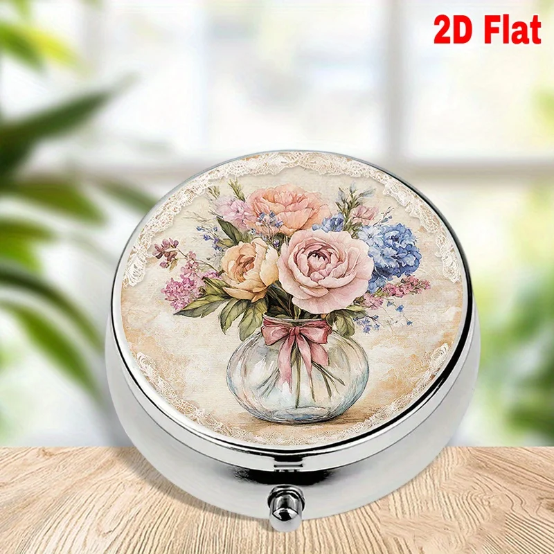 1 portable round metal pill box with 3 compartments, featuring a vintage floral design, used for organizing supplements, travel health supplies, and daily medication