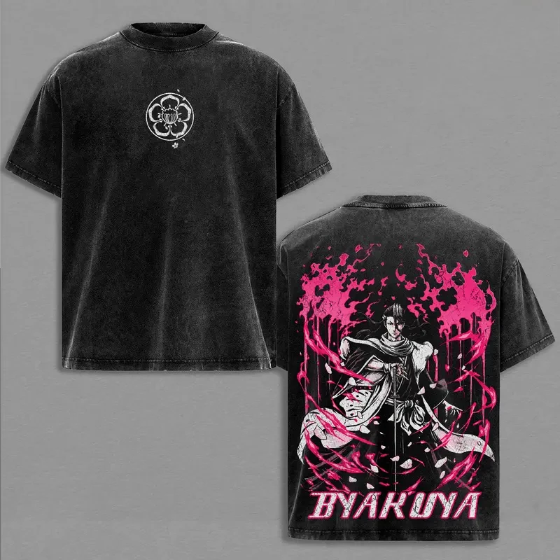 BLEACH Kuchiki Byakuya Manga Retro T Shirt Men Clothing Harajuku Vintage Washed T-shirt Casual Oversized 100% Cotton Tee Clothes