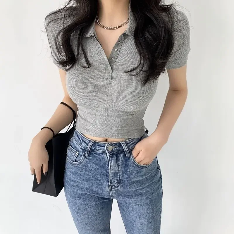 Woman T Shirt Sexy Plain Coquette Clothes Crop Top 100℅ Cotton Polo Neck Women Slim Luxury Short Sleeve Tee Clothing Sales New