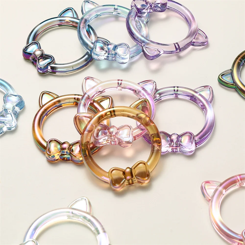 5 Stück/Packung 40mm Harz-Katzenohr-Schleifenperlen mit vertikalem Loch, bunte transparente Ringanhänger für DIY-Halsketten- und Armbandherstellung – Detail 4