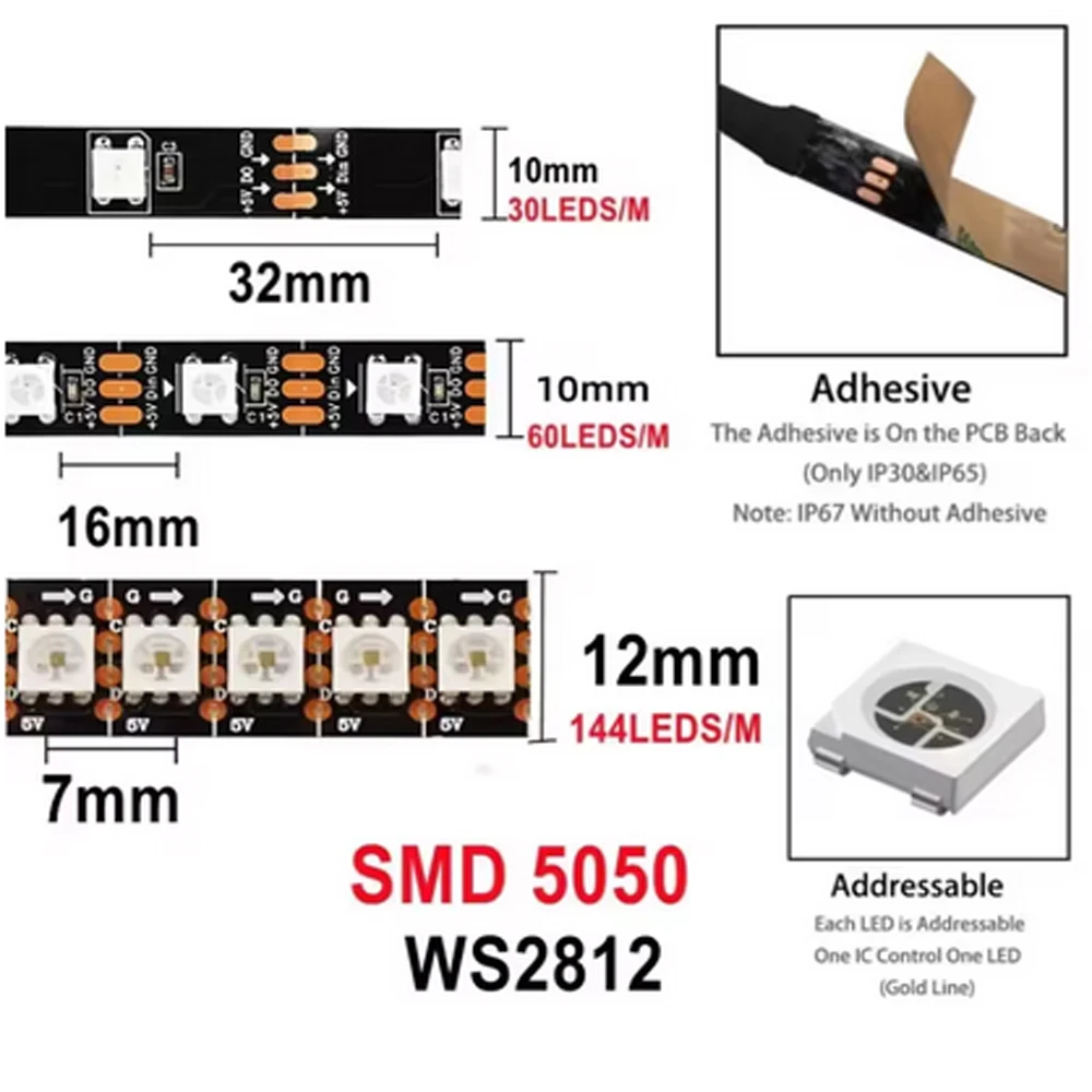 1-5m RGB Colored Light WS2812B 5050 RGBIC 5V Smart Waterproof LED Strip Individually Addressable IC 30/60/144Pixels/Leds/m Light