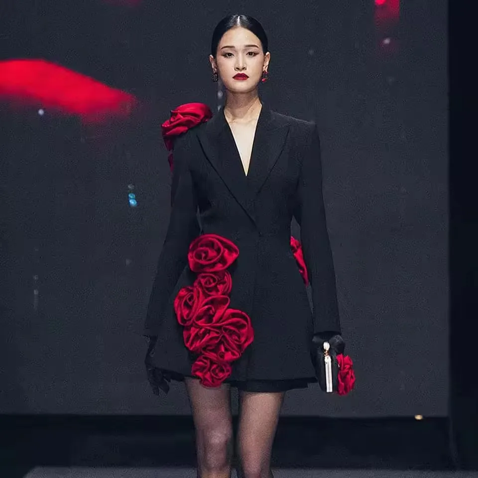 

2025 Red Handmade Flower Details Fashion Maxi Dress Newest Couture Stretchy Black Women Blazer Dresses