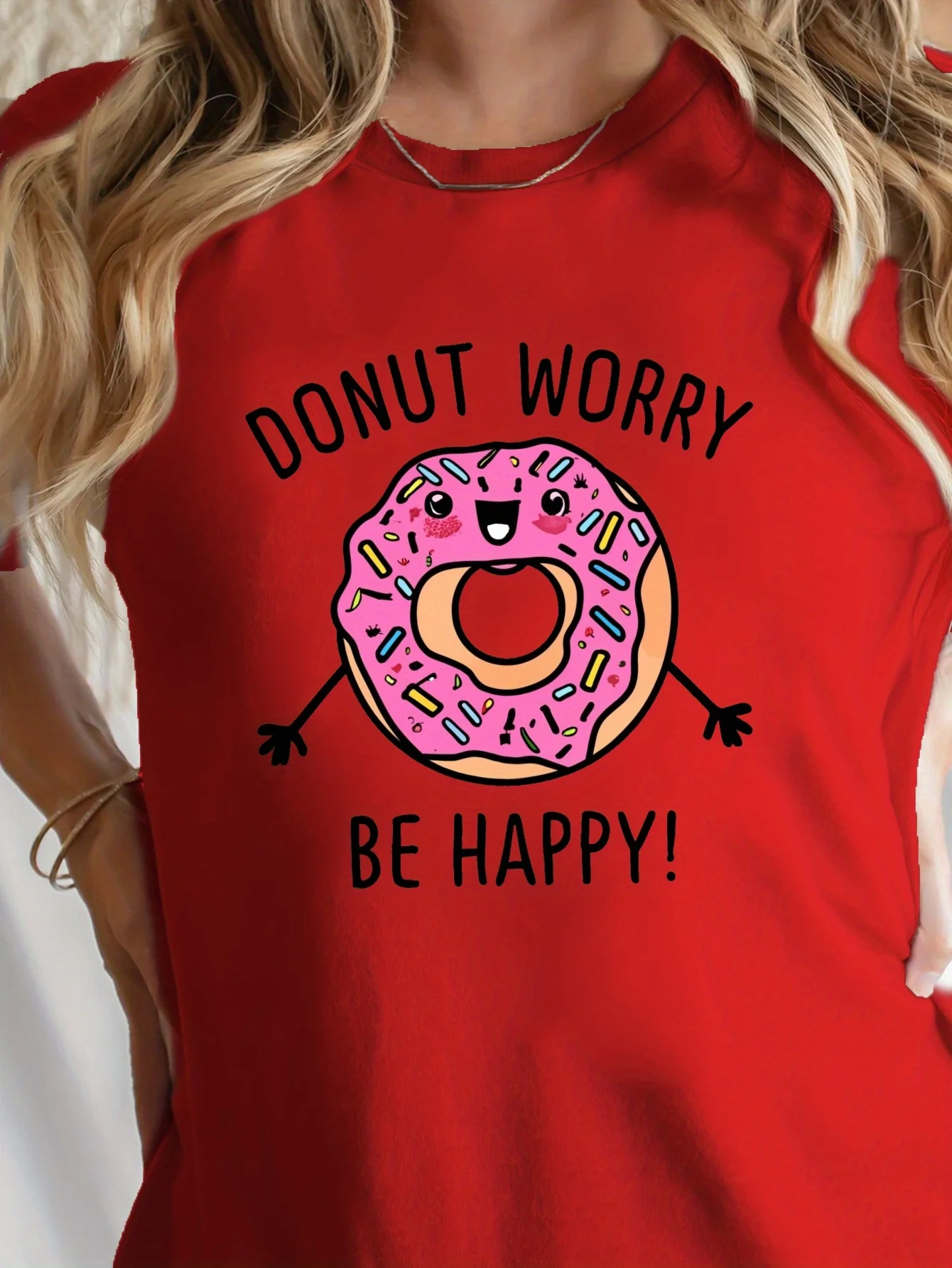 Donut Worry Be Happy Print T-Shirt Casual Short Sleeve Crew Neck T-Shirt For Spring & Summer Women\'s Clothing