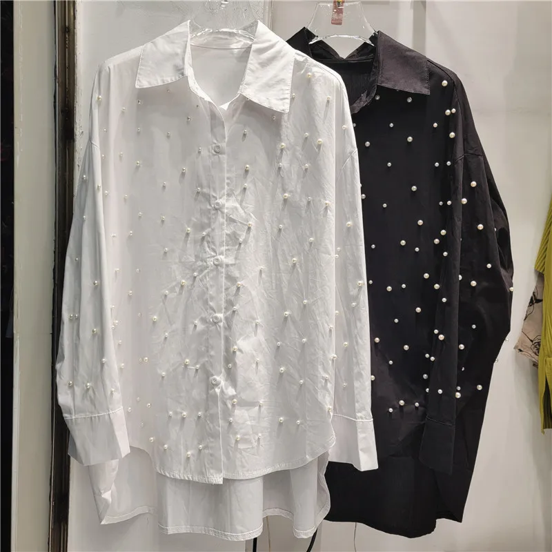 French Style Bead Long Sleeve Shirt Female Loose Mid-Length High-Grade Solid Color Shirt Black and White Women Shirt Tops