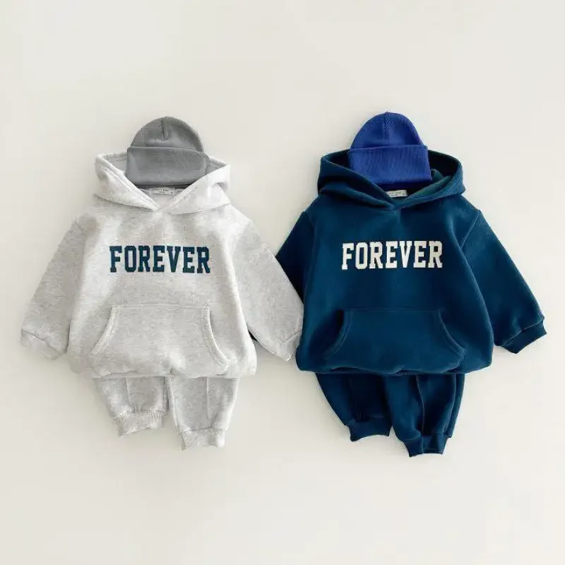 

Autumn Winter Boy Children Letter Fleece Thick Hoodies Set Girl Baby Cotton Plus Velvet Warm Tops Sweatshirt + Solid Pants 2pcs