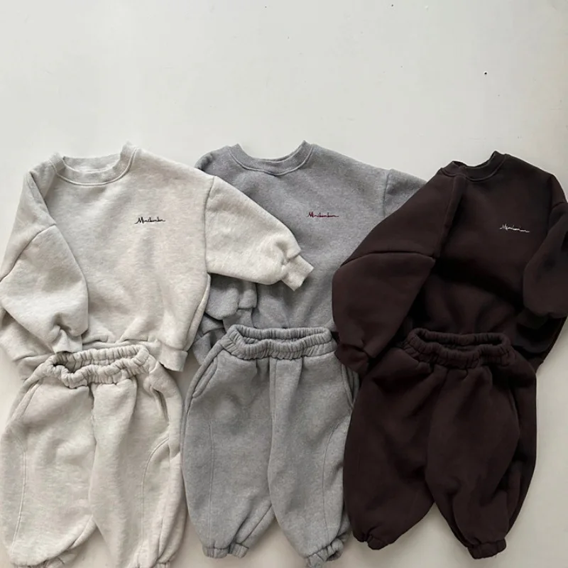 

2025 Winter New Children Long Sleeve Fleece Sweatshirt Set Boys Girls Plus Velvet Thick Sports Set Fashion Warm Kids 2pcs Suit