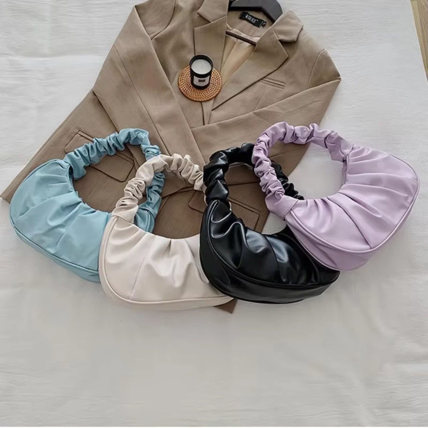 여성용 PU 가죽 주름 핸드백, 레저 겨드랑이 디자이너 가방, 쇼핑 숄더백, 만두 핸드백, 여름