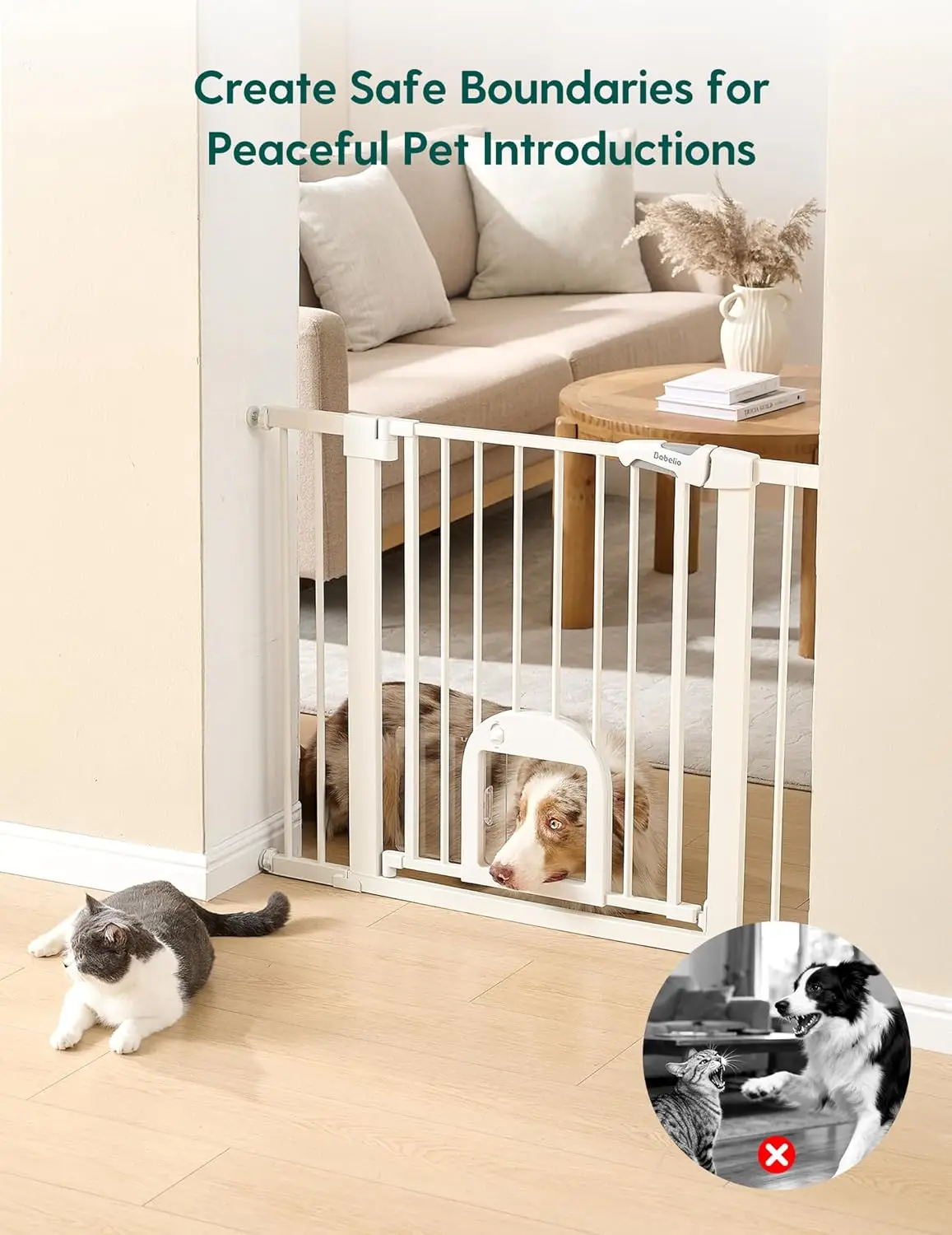 Auto Close Baby Gate with Adjustable Cat Door, 29-43" Wide, Durable Safety Gate for Stairs, Doorways, Easy Walk Thru, White - view 3