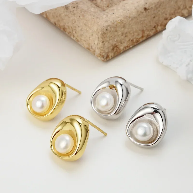 

Youth of Vigor Freshwater Pearl Chunky Solid 925 Silver Earrings Thick 18K Gold Tone Ear Studs E1049