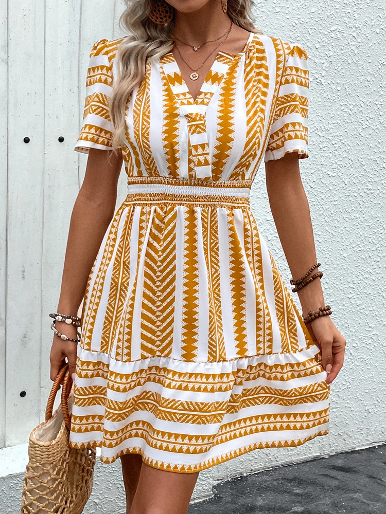 Benuynffy Geo Print Notched Neck Boho Dress Summer Women Holiday Elastic Waist Puff Sleeve Ruffle Hem A-line Mini Dresses 2024