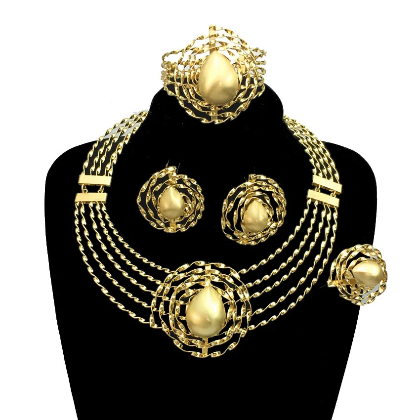 

African Brazilian Gold Plated Jewelry Set Fashion Ladies Mama Large Necklace Earrings Ring Wedding Party Gift FHK13037