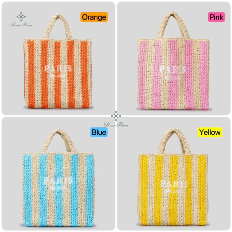 Women Colorful Stripes Fashion Straw Knitting Tote Bag Handwoven Summer Beach Travel Shoulder Bag Casual Bali Big Handbag Purses