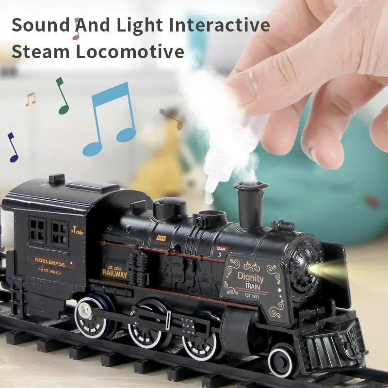 Juego de Tren Eléctrico, juguete con humo Luz y sonidos, juegos de trenes para niños con motor de locomotora de vapor, carruajes y pistas