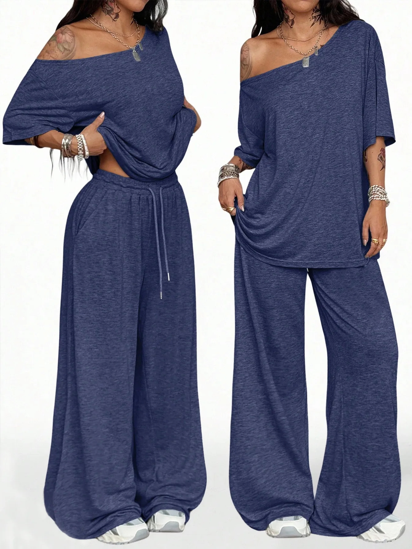 Women's Casual Solid Color Sports Two-Piece Loose Fit Pants Set with Slanted Hem and Wide Leg Design for Spring and Autumn