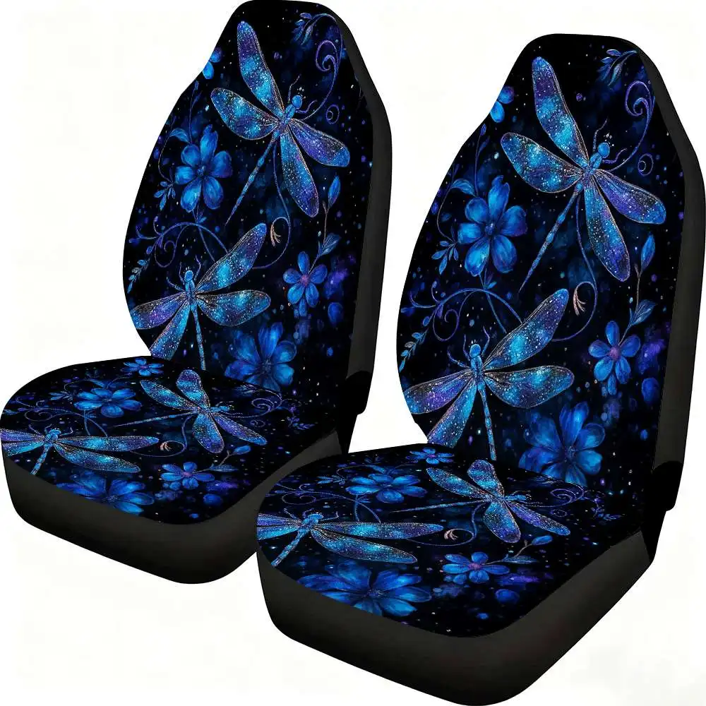 2pcs Sparkling Blue Dragonfly & Floral Car Seat Covers - High Back Design, Durable Polyester, Fit For Cars, SUVs, Trucks, Women'