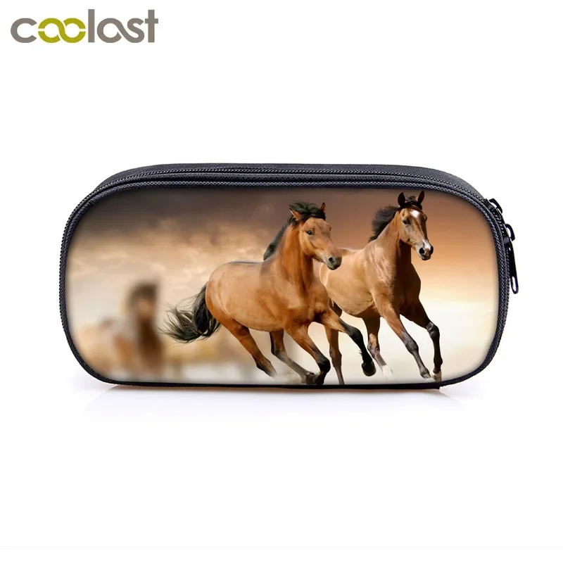 Elegant Animal Horse Print Cosmetic Cases Pencil Bag Boys Pony Pencil Box Children Stationary Bags Kids School Supplies