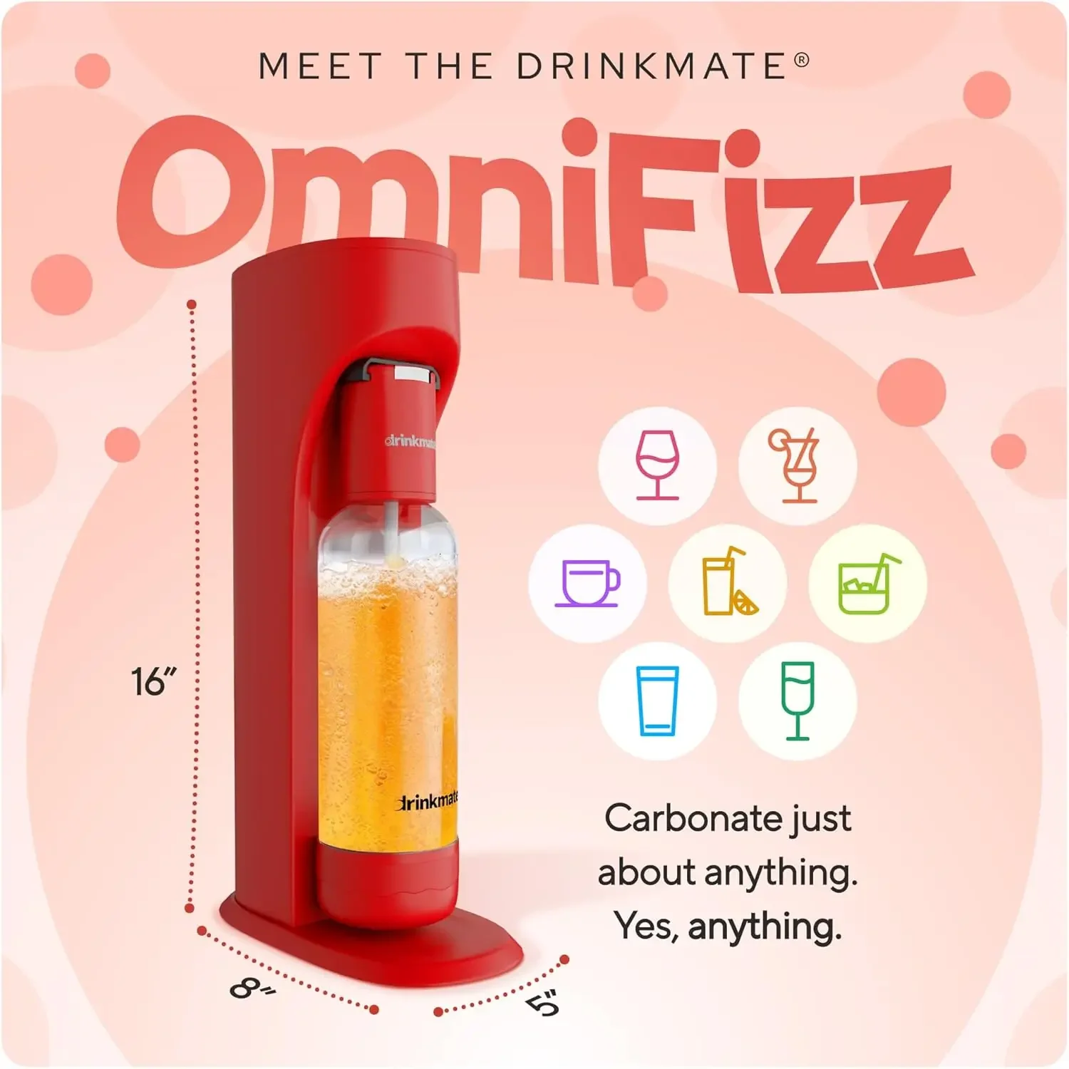 Macchina per acqua frizzante e soda OmniFizz, carbonata qualsiasi bevanda, CONFEZIONE PARTY - Include due bombole di CO2 da 60 litri, tre bombole di carbonazione