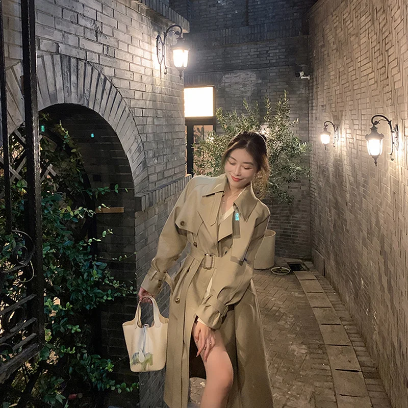 

Длинное пальто Trench Femme, женское пальто, изящный эполет, расширенные красивые сложенные универсальные манжеты для девочек, прошитые на заказ