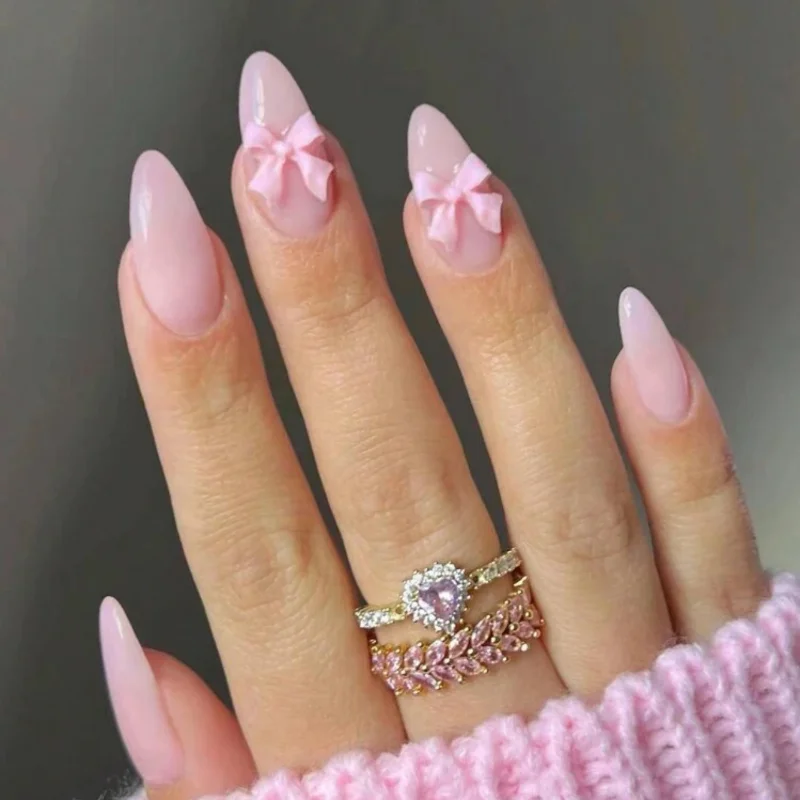 

24Pcs Medium Almond Press on Bow Nails Pink Glossy Full Cover Simple Style False Nail for Women&Girls Everyday,Occasions Wear