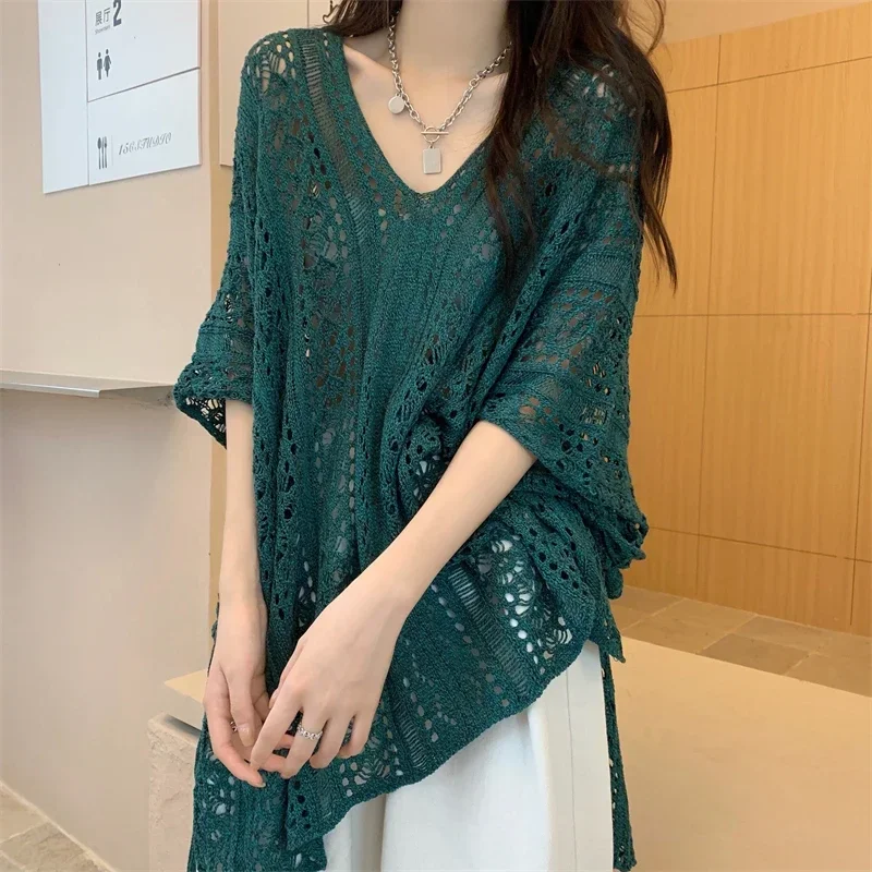 Korejepo Korean Reducing Age Top Slimming Fashionable Cut Out Knit Shirt Women Summer T-shirt Versatile Cover Up Clothes