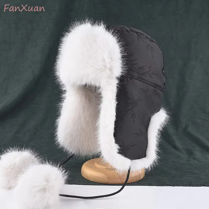 Faux Fur Bomber Hats for Women Cute Black White Winter Hats with Earflaps Cute Fur Pompom Srting Russian Ushanka Caps Skiing