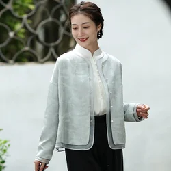 Spring Autumn Jacquard Double-layer Round Neck Jacket Chinese Style Artificial Silk Women's Top Elegant Literary Short Coat