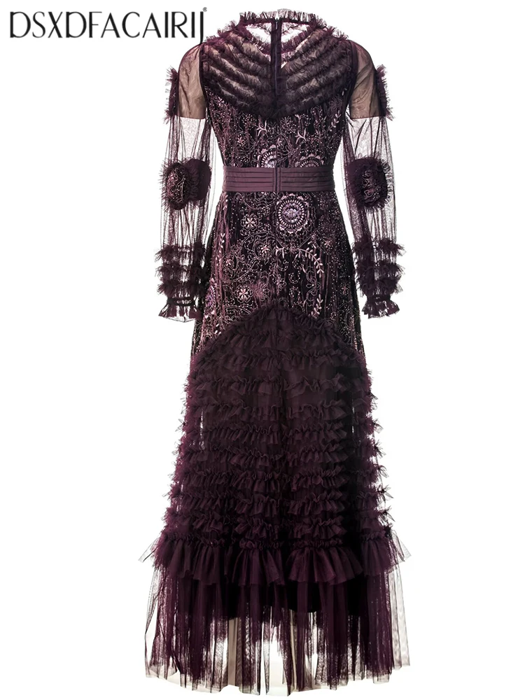 DSXDFACAIRIJ فستان ماكسي نسائي عتيق مطرز بالترتر مطرز برقبة دائرية وأكمام واسعة وكشكشة مخملية فساتين شبكية مرقعة