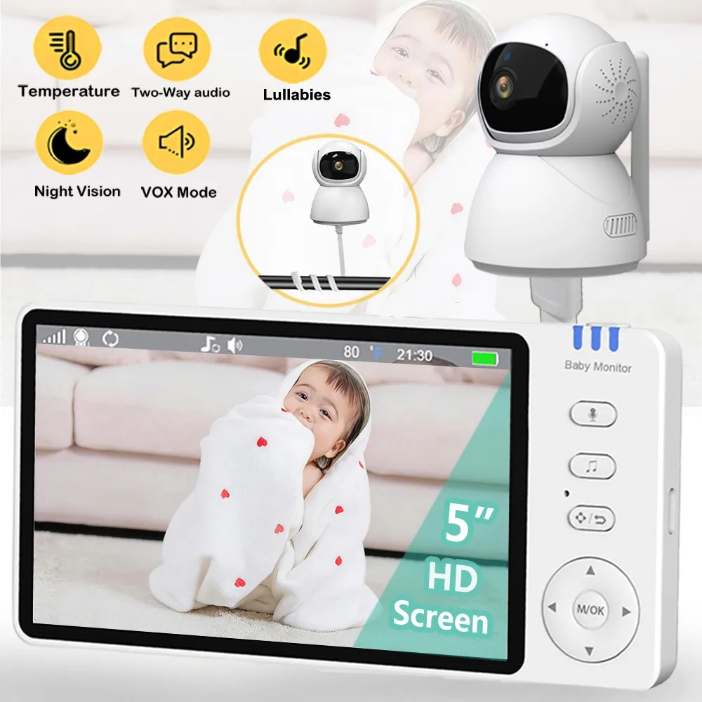 5.0 inch Video Baby Monitor IPS Screen With Nanny PTZ Camera 2-way Audio Lullaby Camera Babysitter Night Vision Security Bracket