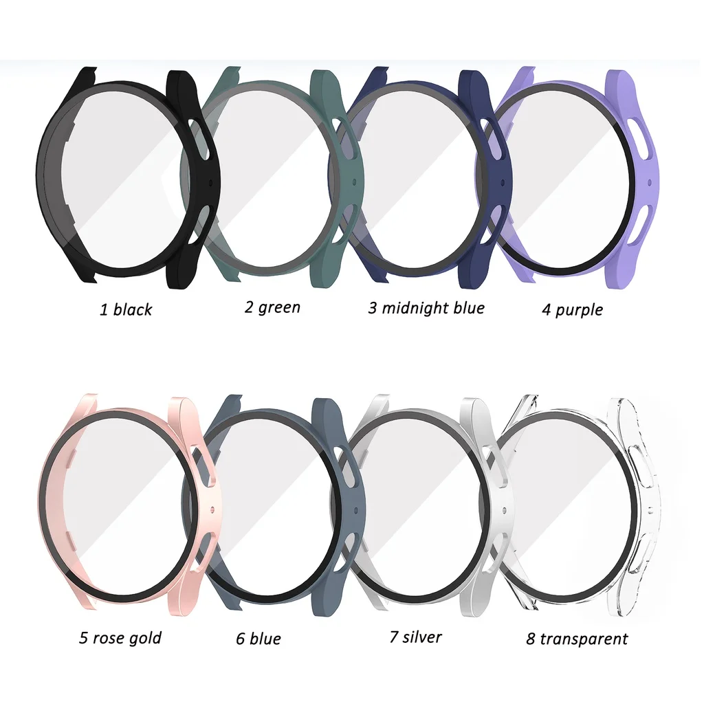 Hülle für Samsung Galaxy Watch 4 5 40 mm 44 mm, harter PC-Rahmen, Stoßstangenabdeckung + HD Slim, gehärtetes Glas, kratzfester Displayschutz