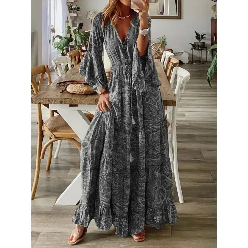 Femme taille S-3XL style bohème manches trompent imprimé col en v taille haute robe de vacances florale longue robe